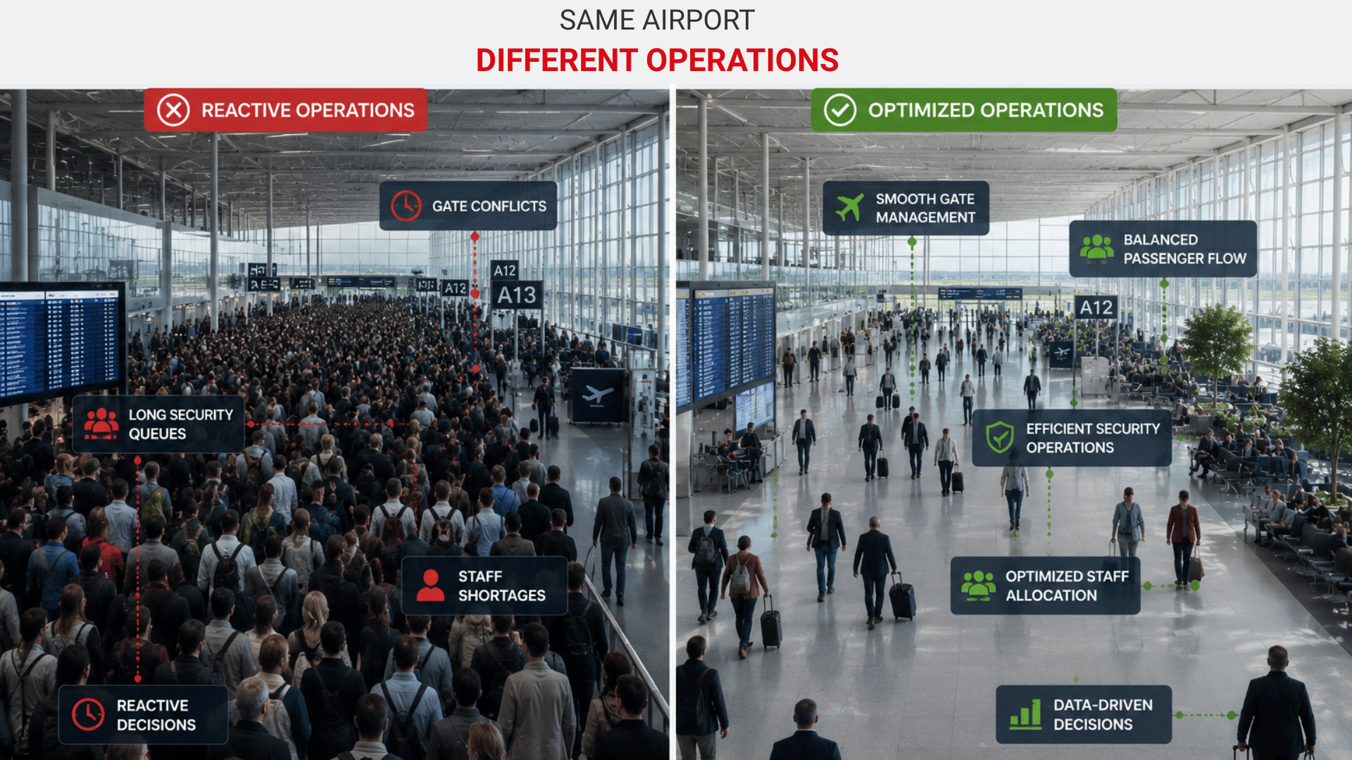 Small operational inefficiencies accumulate throughout the day, reducing effective airport capacity even when physical infrastructure remains unchanged.