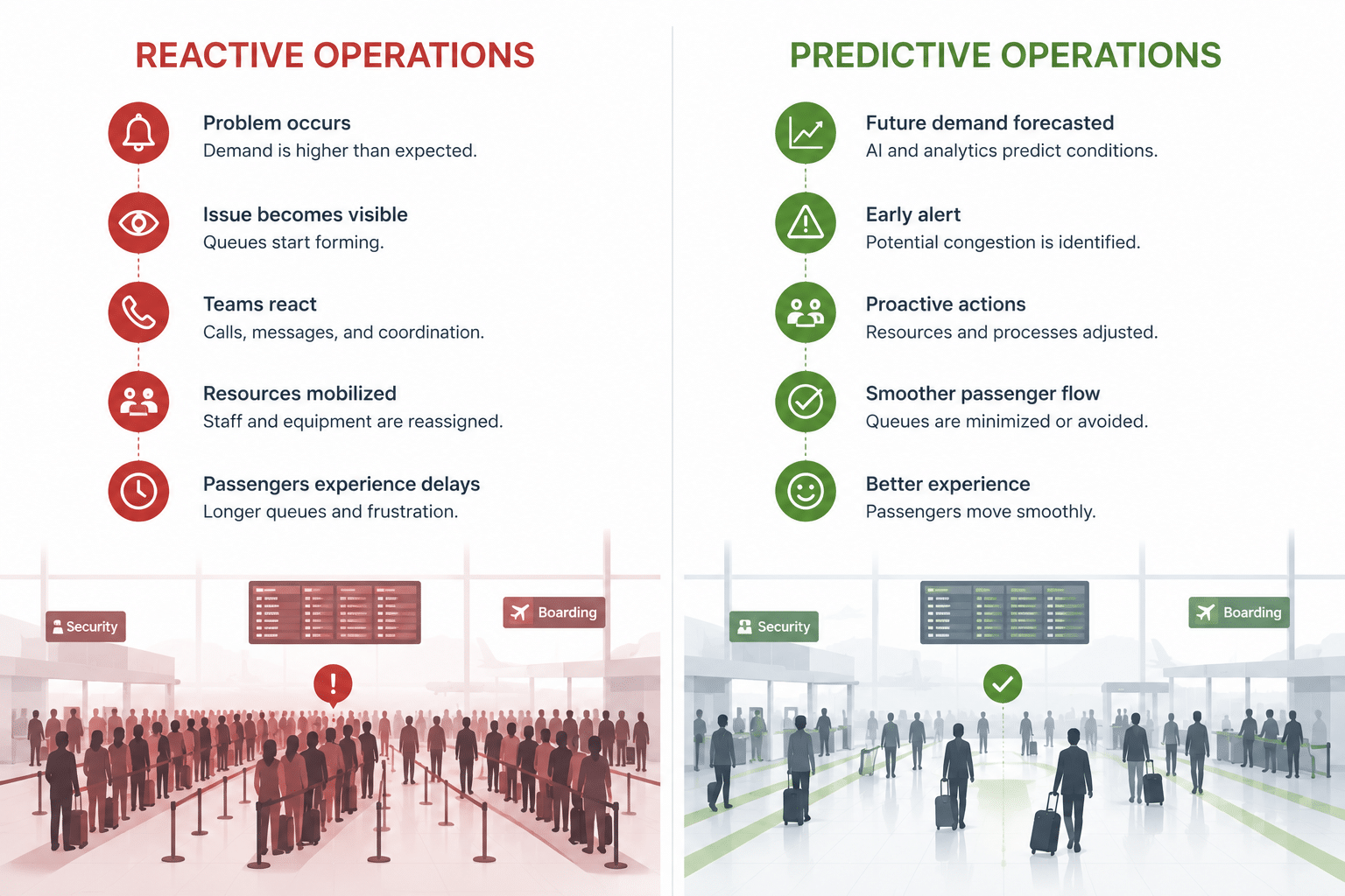 Predictive operational intelligence enables airports to anticipate congestion before it occurs, allowing teams to allocate resources proactively instead of reacting to disruptions.